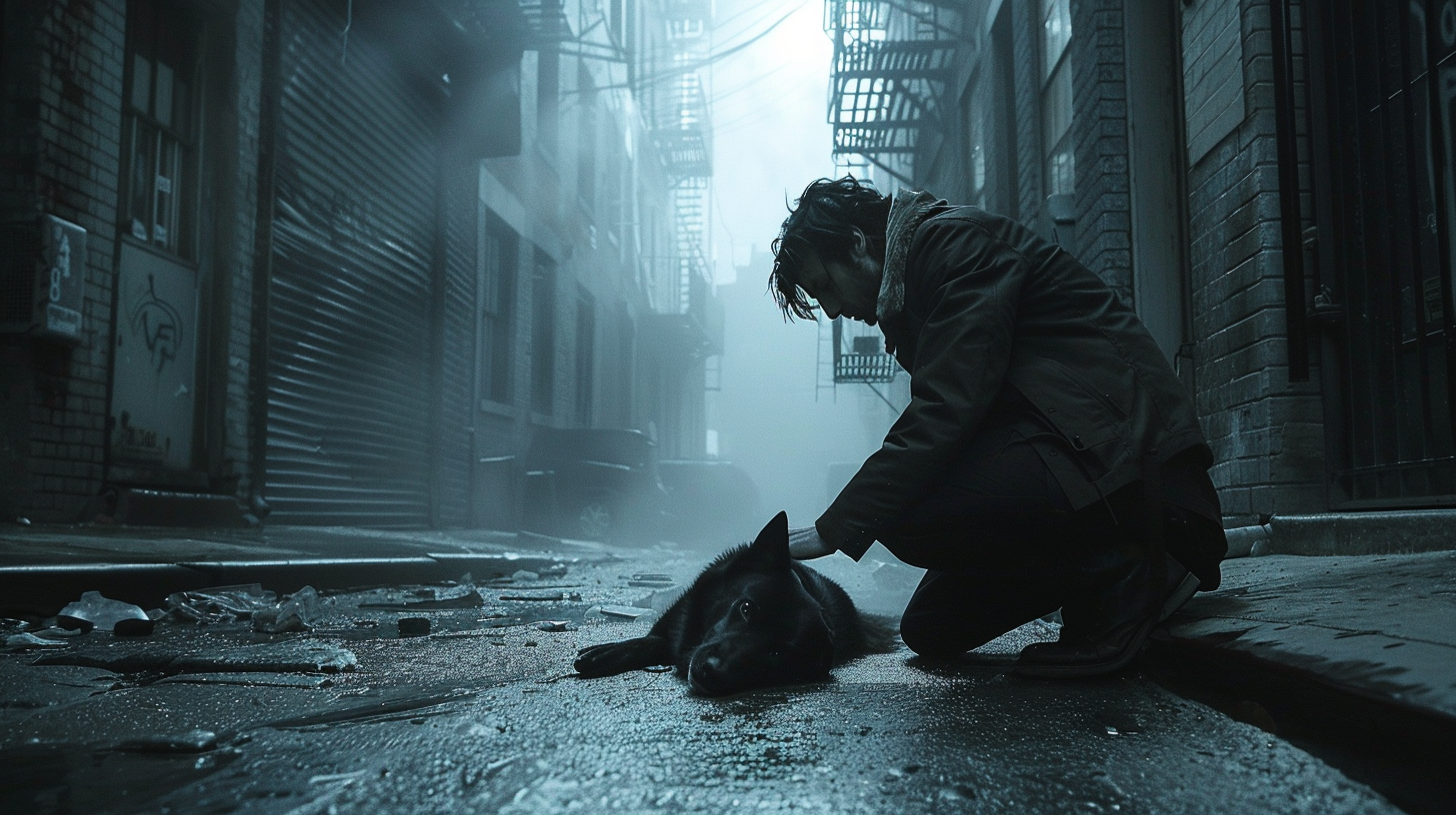 Dogs Without Leashes concept art: Poacher tending to an injured dog